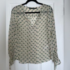 Zara Sheer Cream with Green Bow Tie Print Blouse Size M
